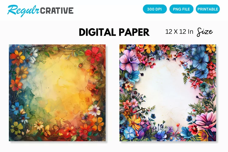 Colorful Floral Frame Painting Digital Paper