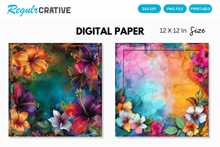 Colorful Floral Frame Painting Digital Paper