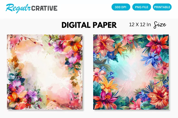 Colorful Floral Frame Painting Digital Paper