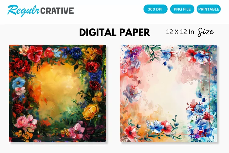 Colorful Floral Frame Painting Digital Paper