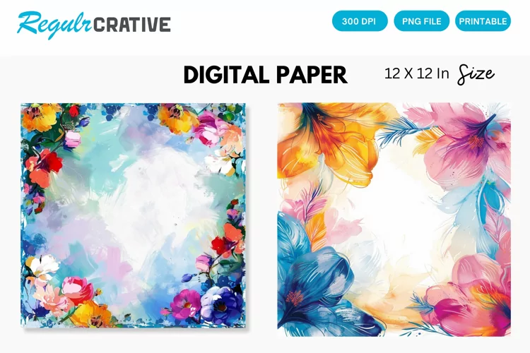 Colorful Floral Frame Painting Digital Paper