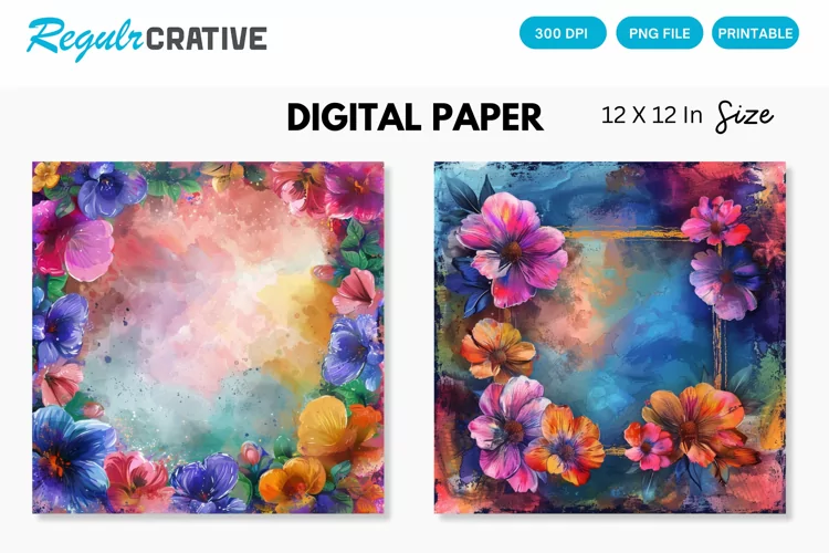 Colorful Floral Frame Painting Digital Paper