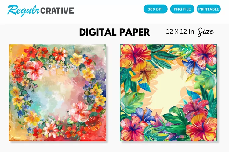 Colorful Floral Frame Painting Digital Paper