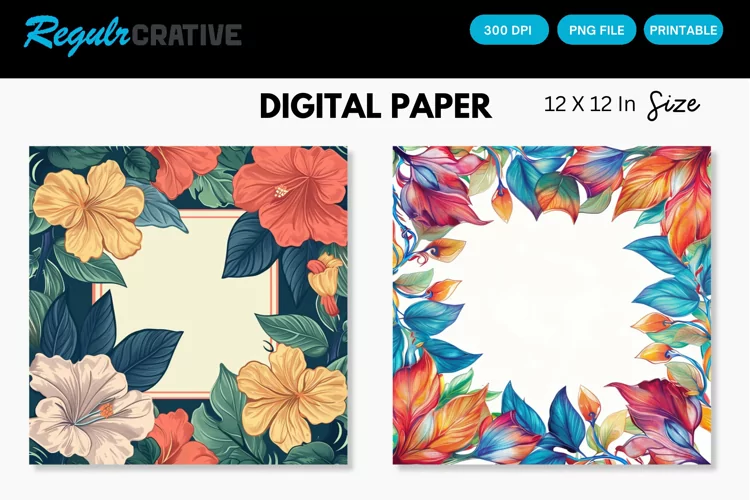 Colorful Floral Frames Digital Paper, Floral Frames Pattern