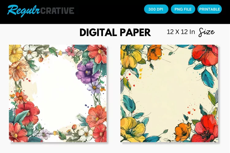 Colorful Floral Frames Digital Paper, Floral Frames Pattern