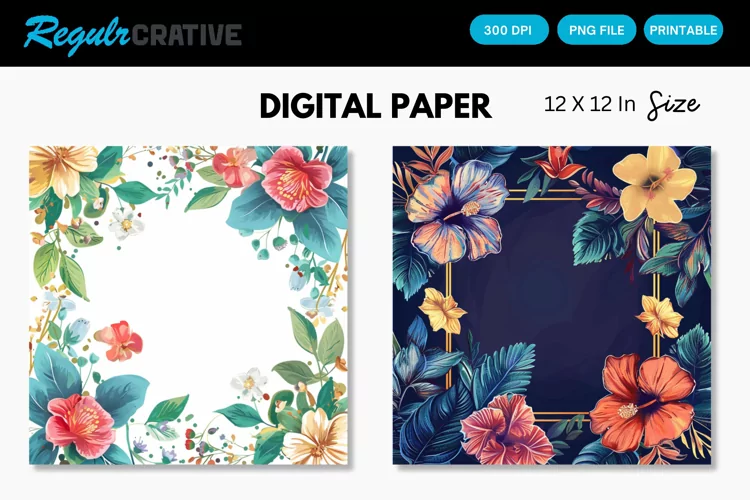 Colorful Floral Frames Digital Paper, Floral Frames Pattern