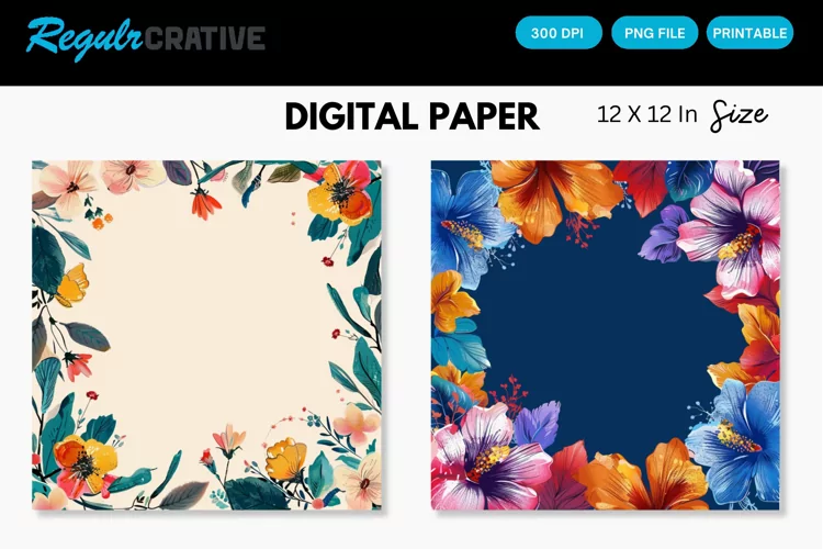 Colorful Floral Frames Digital Paper, Floral Frames Pattern