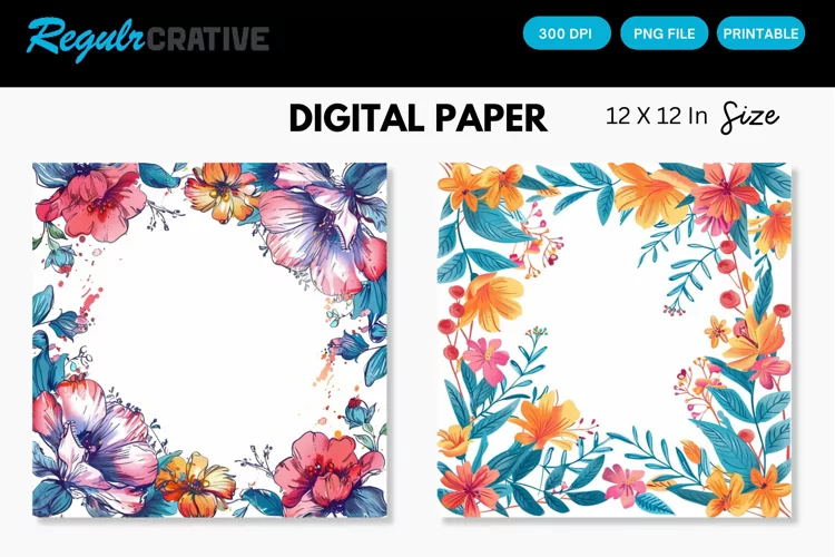 Colorful Floral Frames Digital Paper, Floral Frames Pattern