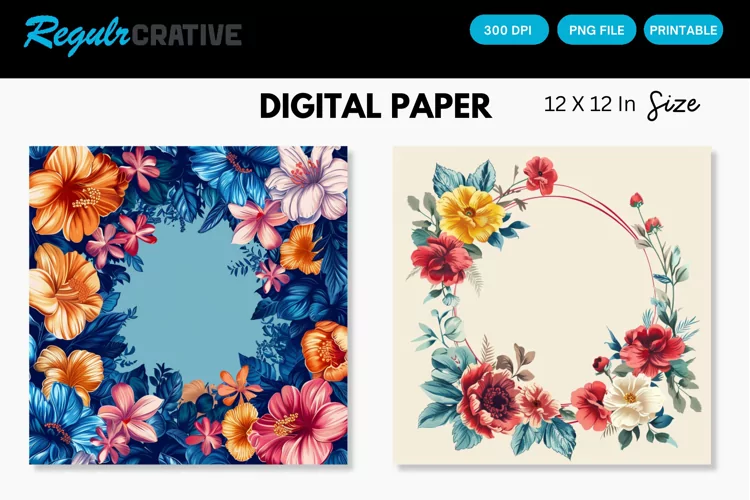 Colorful Floral Frames Digital Paper, Floral Frames Pattern