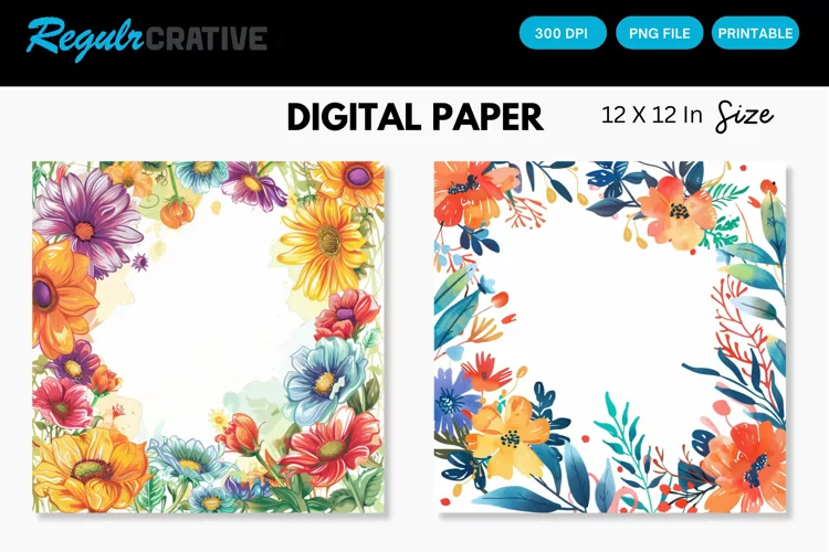 Colorful Floral Frames Digital Paper, Floral Frames Pattern