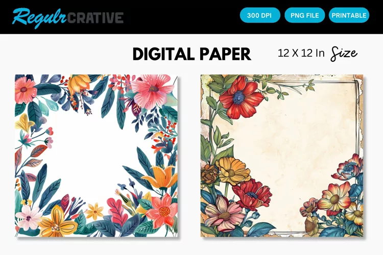 Colorful Floral Frames Digital Paper, Floral Frames Pattern
