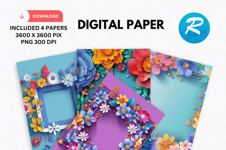 Colorful Floral Frames Digital Paper, Flowers Background