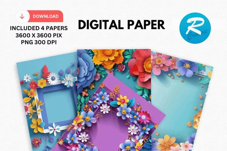 Colorful Floral Frames Digital Paper, Flowers Background