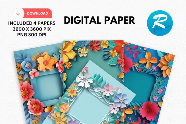 Colorful Floral Frames Digital Paper, Flowers Background