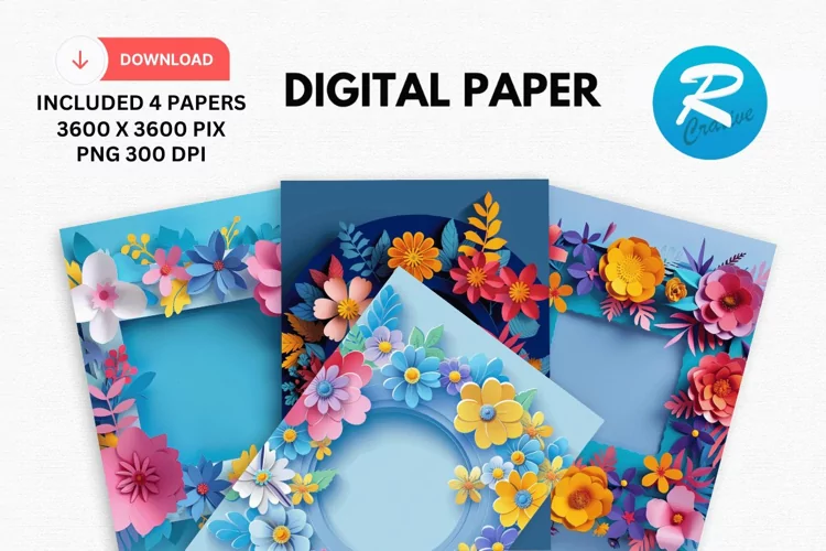 Colorful Floral Frames Digital Paper, Flowers Background