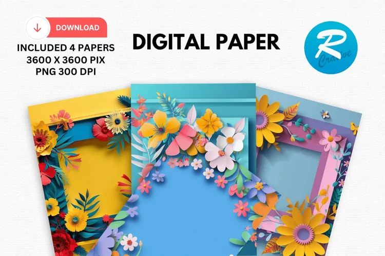 Colorful Floral Frames Digital Paper, Flowers Background