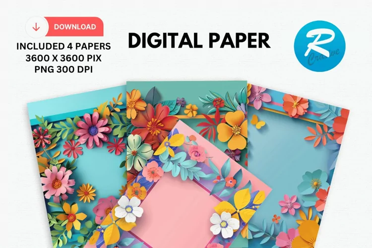 Colorful Floral Frames Digital Paper, Flowers Background