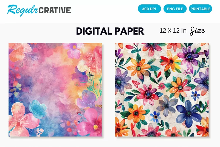 Colorful Floral Digital Paper, Watercolor Floral Background