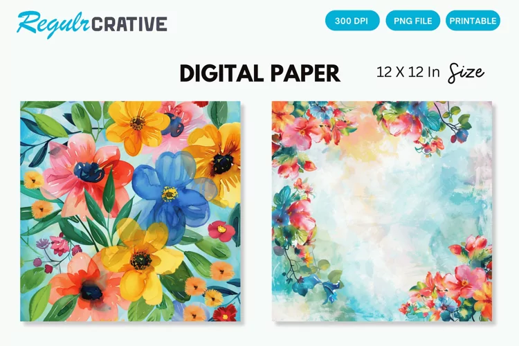 Colorful Floral Digital Paper, Watercolor Floral Background