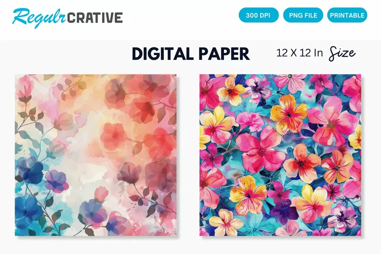 Colorful Floral Digital Paper, Watercolor Floral Background