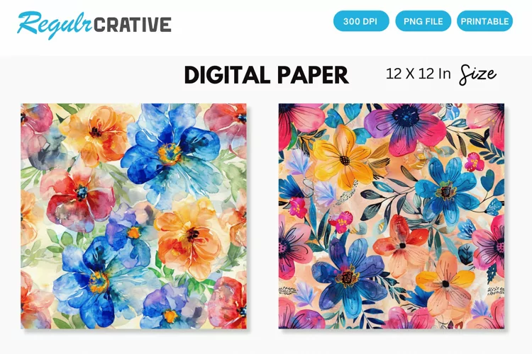 Colorful Floral Digital Paper, Watercolor Floral Background