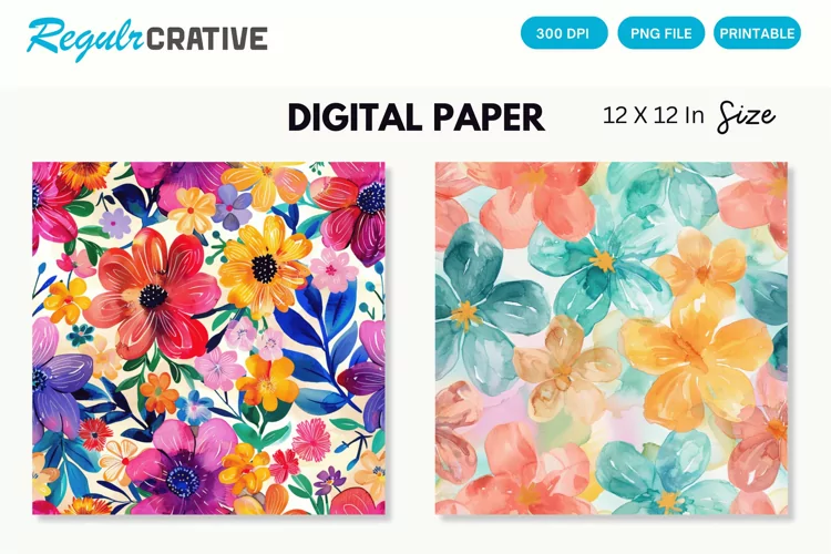 Colorful Floral Digital Paper, Watercolor Floral Background