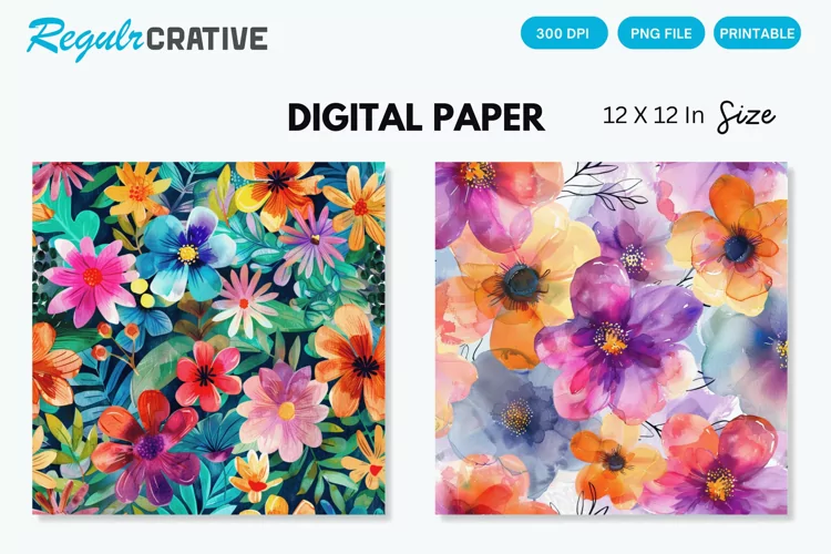 Colorful Floral Digital Paper, Watercolor Floral Background