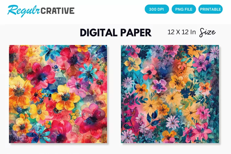 Colorful Floral Digital Paper, Watercolor Floral Background