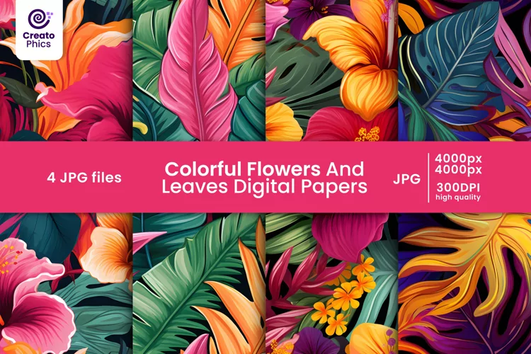 colorful flowers and leaves digital papers and patterns