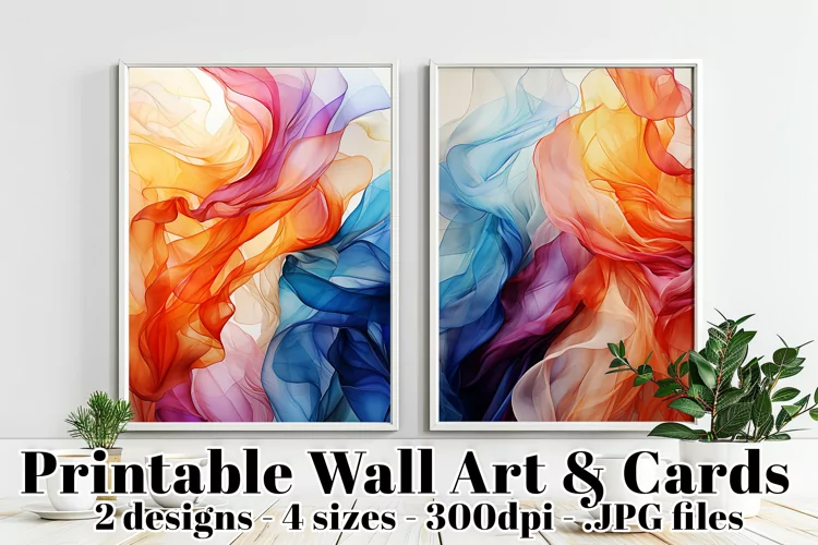 Colorful Flowing Watercolors Printable Poster and Cards s1