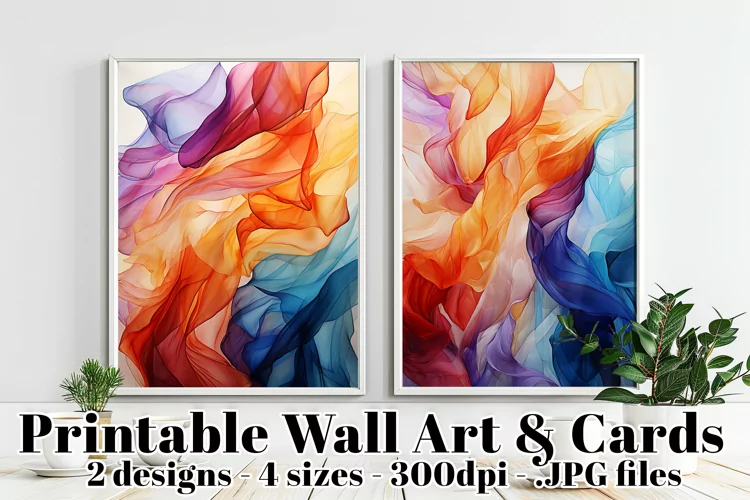 Colorful Flowing Watercolors Printable Poster and Cards s2