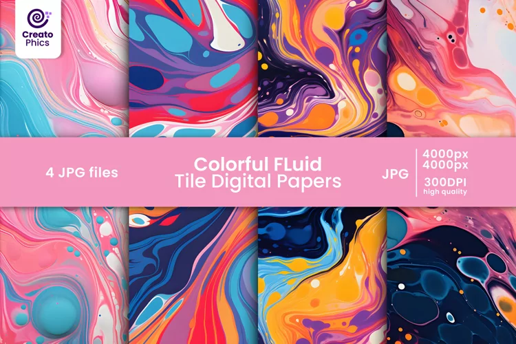 colorful fluid tile digital papers and ocean marble patterns