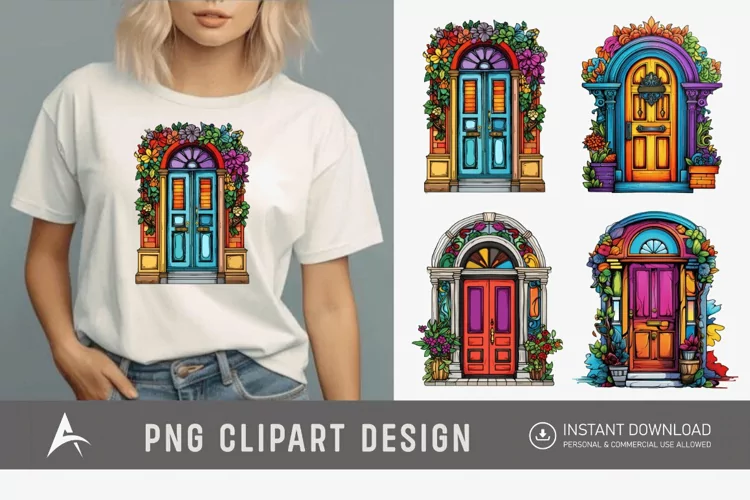 Watercolor Colorful Front Doors Sublimation Clipart