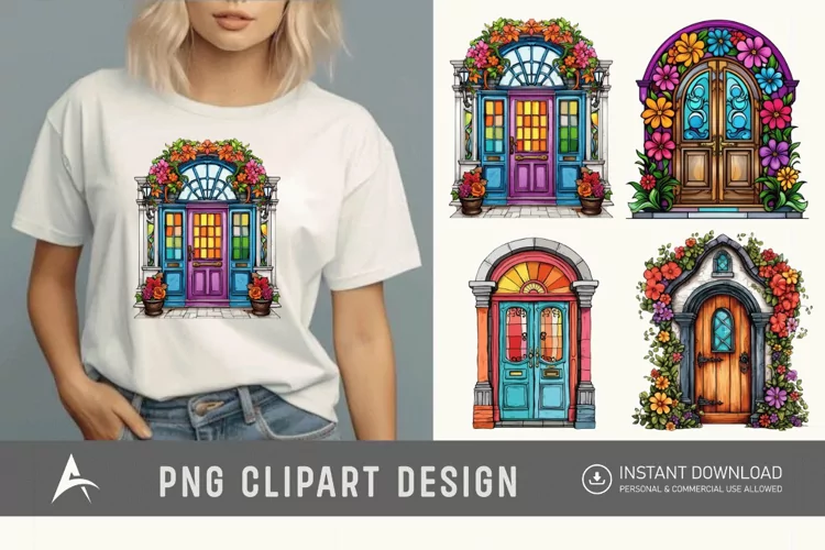 Watercolor Colorful Front Doors Sublimation Clipart
