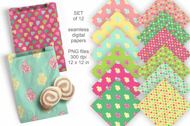 Colorful Hearts and Flowers Seamless Patterned Papers Set