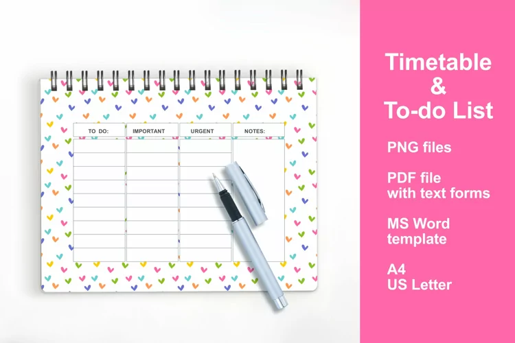 Colorful Hearts Timetable To-Do List Printable Editable PDF