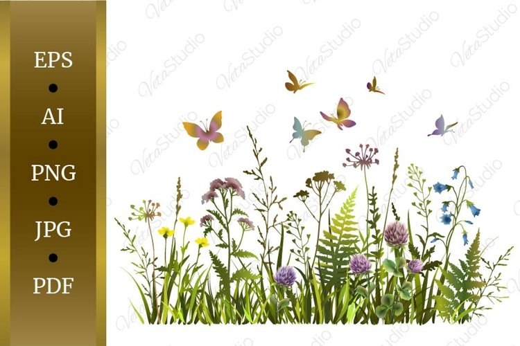 Colorful wildflowers and butterflies. PNG. EPS 10. example image 1