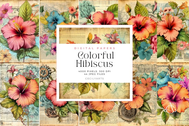 44 Colorful Hibiscus with Tropical Leaves Vintage Journal example image 1