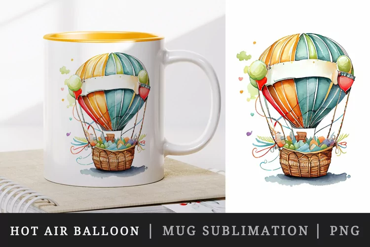 Watercolor hot air balloon mug, cup wrap sublimation design