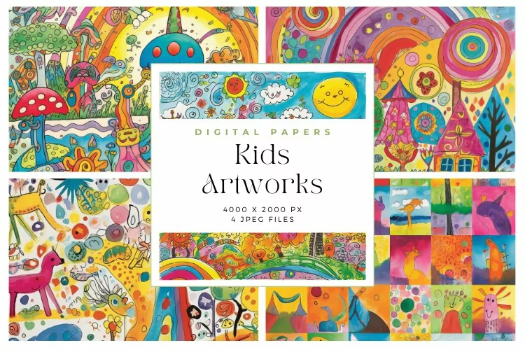 4 Colorful Kids Artworks Background