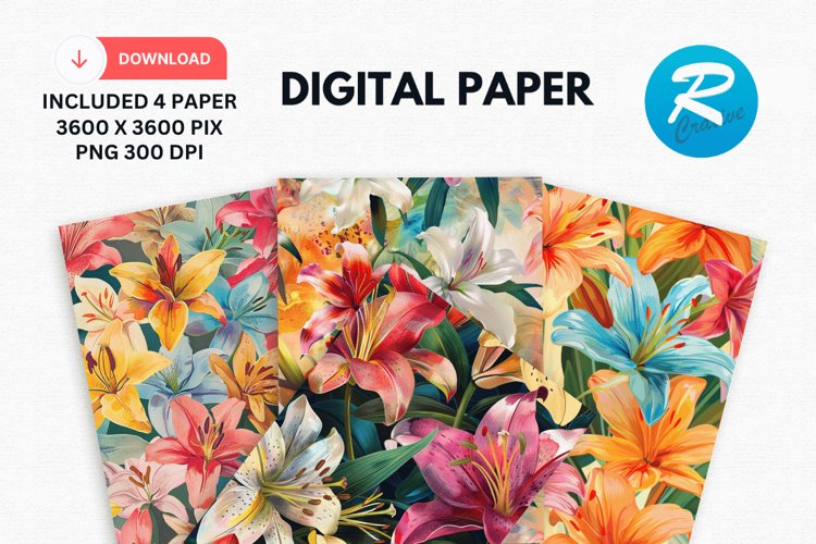 Colorful Lily Floral Digital Paper, Floral Background