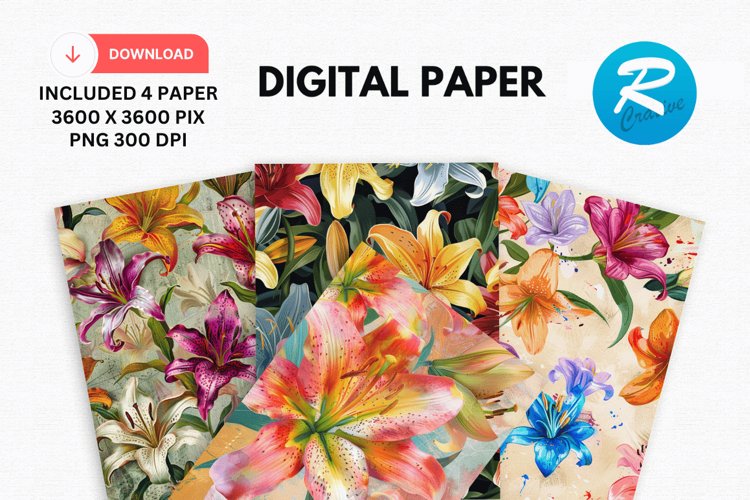 Colorful Lily Floral Digital Paper, Floral Background