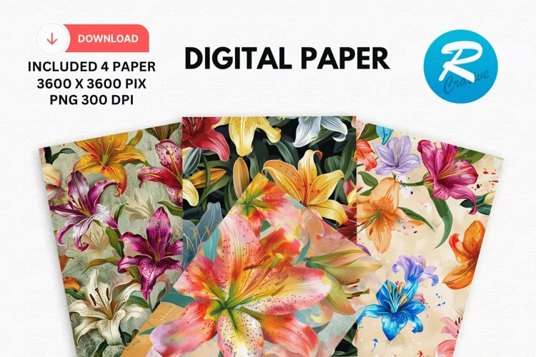 Colorful Lily Floral Digital Paper, Floral Background