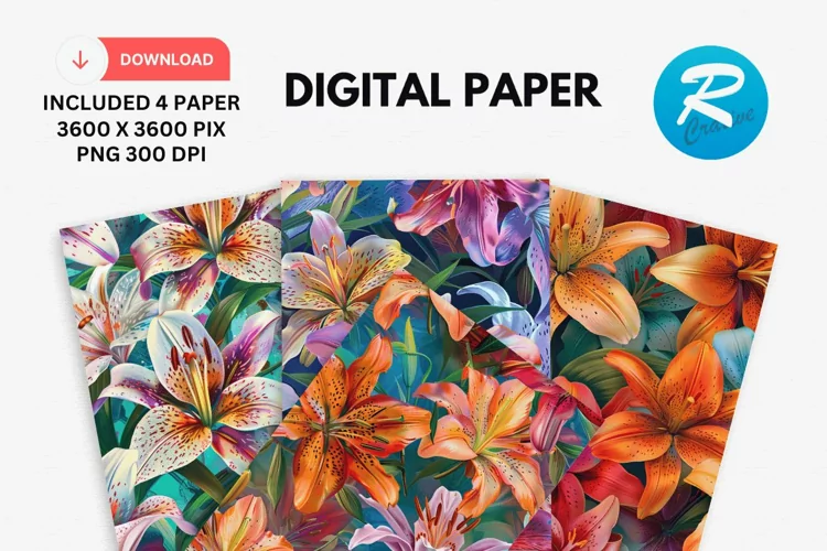 Colorful Lily Floral Digital Paper, Floral Background