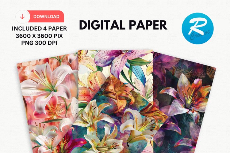 Colorful Lily Floral Digital Paper, Floral Background