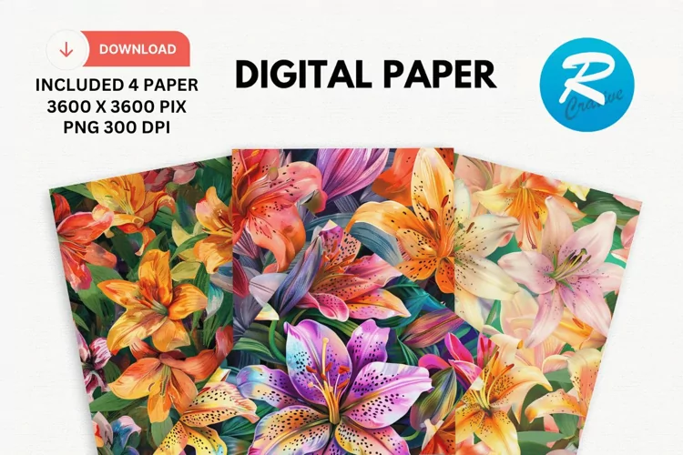Colorful Lily Floral Digital Paper, Floral Background