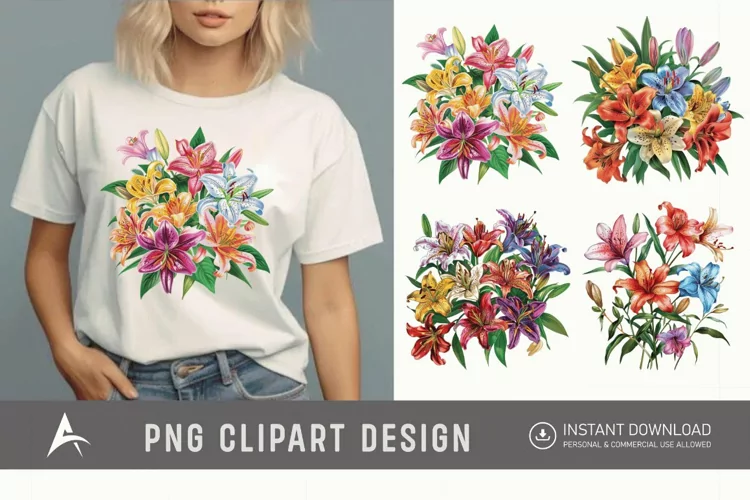 Watercolor Colorful Lily Bouquet Clipart