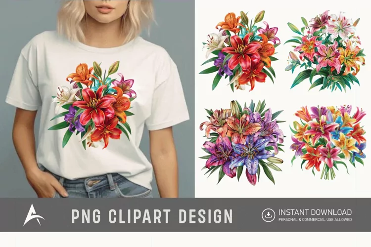 Watercolor Colorful Lily Bouquet Clipart