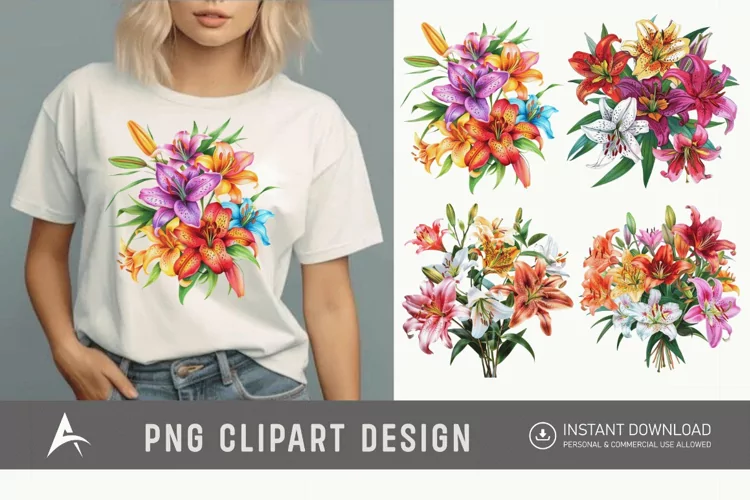 Watercolor Colorful Lily Bouquet Clipart
