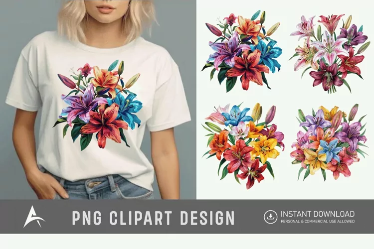 Watercolor Colorful Lily Bouquet Clipart